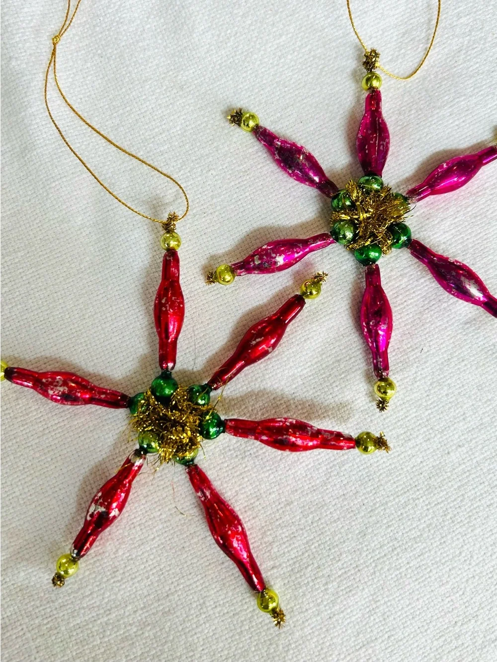 Vintage repurposed mercury, glass bead poinsettia holiday Christmas ornaments